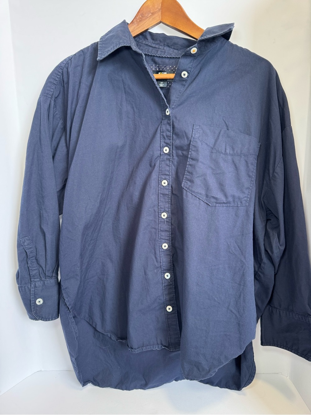 Anthropologie Maeve Oversized High-Low Button Down Blouse Navy Blue MP Petite